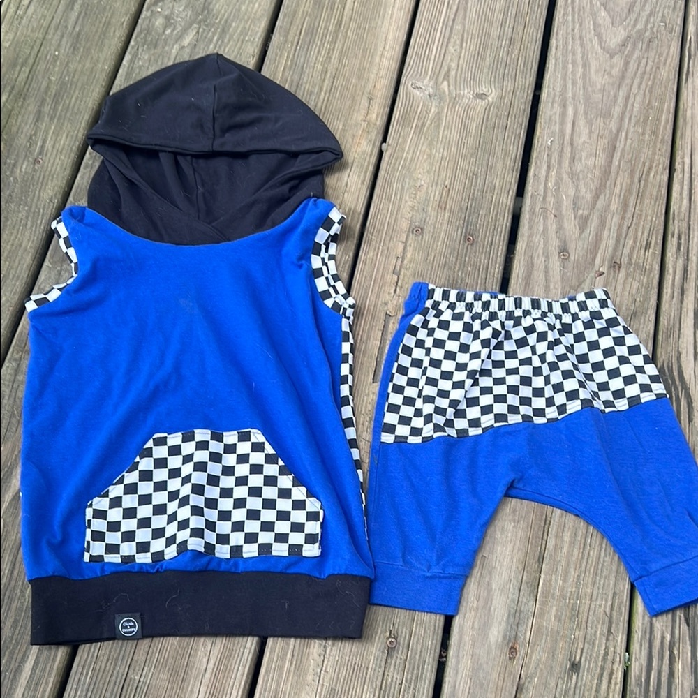 Blue and Black Checkered Hoodie and Shorts Set